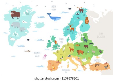 World map with funny wild animals living on European continent. Adorable cartoon herbivore and carnivore mammals and birds inhabiting Europe. Flat colorful vector illustration for educational poster.