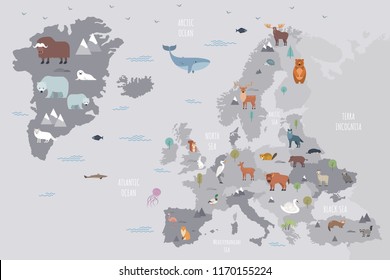 World map with funny wild animals living on European continent. Adorable cartoon herbivore and carnivore mammals and birds inhabiting Europe. Flat colorful vector illustration for educational poster.