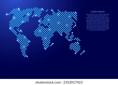 World map from futuristic blue checkered square grid pattern and glowing stars for banner, poster, greeting card