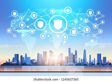 world map futuristic interface shield icon security protection network data privacy connection concept skyline sunset cityscape buildings background flat horizontal vector illustration