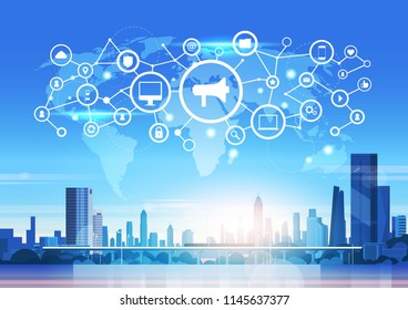 world map futuristic interface social media network icon loudspeaker connection concept skyline cityscape buildings background flat horizontal vector illustration