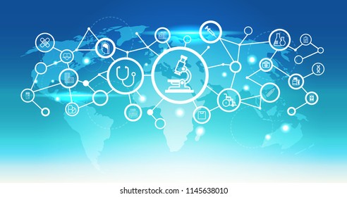 World Map Futuristic Microscope Icon Interface Medical Healthcare Network Connection Concept Blue Background Flat Horizontal Vector Illustration