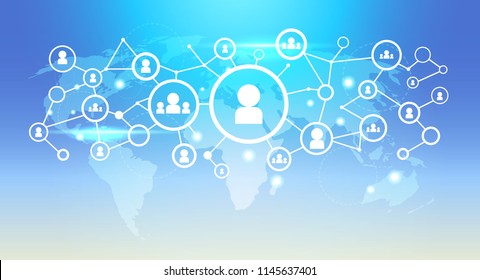 world map futuristic user icon interface social media network connection concept blue background flat horizontal vector illustration