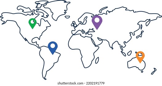 World map with geo pins. Worldwide destination points