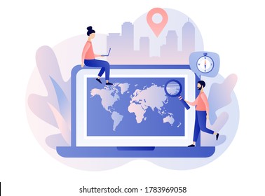 World map. Geography concept. Tiny people study atlas Earth on laptop screen. Globalisation. Modern flat cartoon style. Vector illustration on white background
