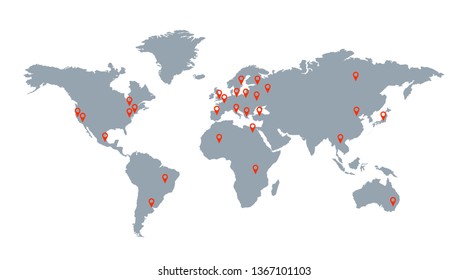 World map with geolocation markers. Global communication. Delivery and logistics. Isolated image. Vector illustration