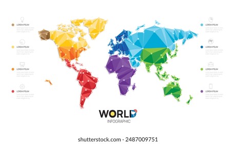 world map geometric vector template with infographic elements, pointer marks.