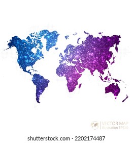 World map in geometric wireframe blue with purple polygonal style gradient graphic on white background. Vector Illustration Eps10.