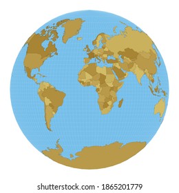 World Map. Gilbert's two-world perspective projection. Map with meridians on blue background. Vector illustration.