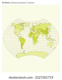 World Map. Ginzburg IX projection. Countries style. High-detail world map for infographics, education, reports, and presentations. Vector illustration.