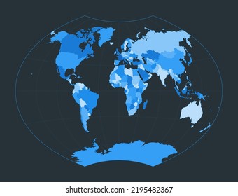Mapa Mundial. Proyección de Ginzburg VI. Ilustración del mundo futurista para tu infografía. Bonita paleta de colores azules. Ilustración vectorial radiante.