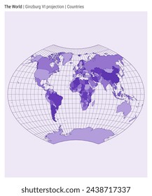 Mapa del Mundo. Proyección Ginzburg VI. Estilo de países. Mapa del mundo de alta precisión para infografías, educación, informes, presentaciones. Ilustración vectorial.