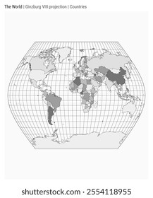 World Map. Ginzburg VIII projection. Countries style. High Detail World map for infographics, education, reports, presentations. Vector illustration.