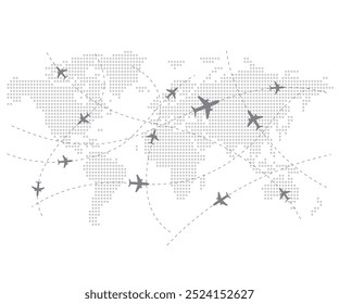 World Map and Global Airline. Planes silhouettes on the map with dotted route. Concept of travel, cargo transportation. Vector illustration. stock illustration