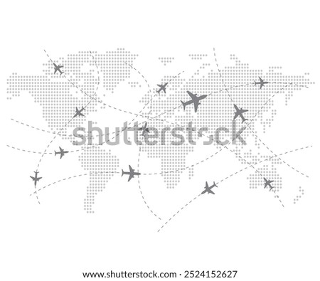 World Map and Global Airline. Planes silhouettes on the map with dotted route. Concept of travel, cargo transportation. Vector illustration. stock illustration