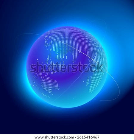 World Map Global Big Data Technology Network with the Dot Connection. Tech Neon Circle Earth Abstract Glow Blue Backgrounds for Internet Communication and Innovation Tech Business. Vector Illustration