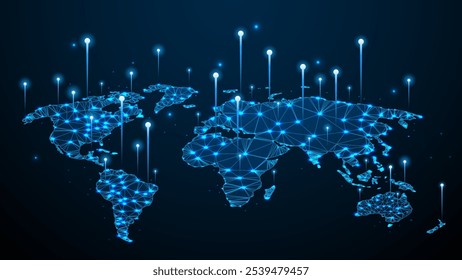 World Map with Global Connection Network Background: Internet Technology and Communication Concepts. Vector.