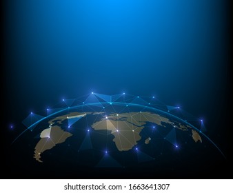  World map. Global social network. Future. Blue futuristic background with planet Earth. Internet and technology. blue geometric background.