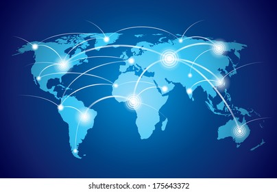 World Map With Global Technology Or Social Connection Network With Nodes And Links Vector Illustration