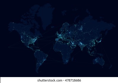 World map with global technology and telecommunication network. Vector illustration