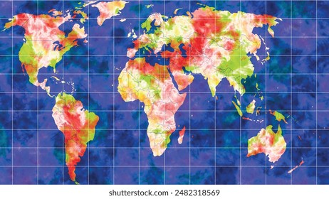 Weltkarte mit globalen Temperaturveränderungen. Konzept der globalen Erwärmung. Karte von Temperatur und Wetter in verschiedenen Regionen der Erde. Tropische Wirbelstürme, starke Hurrikane, starke Niederschläge. Vektorgrafik