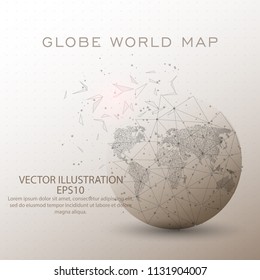 World map globe abstract mesh line and composition digitally drawn starry sky or space in the form of broken a part triangle shape and scattered dots low poly wire frame.
