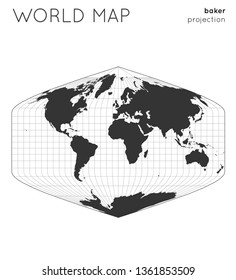 World map. Globe in baker projection, with graticule lines style. Modern vector illustration.