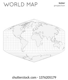 World map. Globe in baker projection, with graticule lines style. Outline vector illustration.