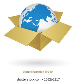 World Map Globe in Box for Shipping, Transportation Business and Technology Concept, Vector Illustration EPS 10.