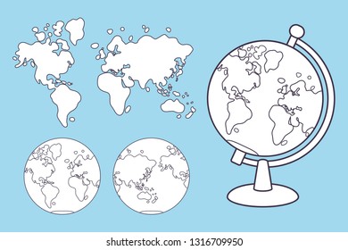 World map and globe cartoon line icons