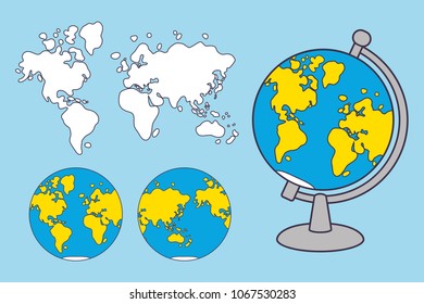 World map and globe cartoon vector