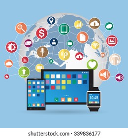 World Map Globe cloud computing concept with Web icons, Business icons and Technology icons for technology and business concept, Vector Illustration EPS 10.