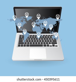 World Map Globe cloud computing concept with Web icons, Business icons and Technology icons for technology and business concept on tablet computer, Vector Illustration EPS 10.