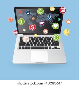 World Map Globe cloud computing concept with Web icons, Business icons and Technology icons for technology and business concept on tablet computer, Vector Illustration EPS 10.