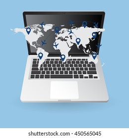 World Map Globe cloud computing concept with Web icons, Business icons and Technology icons for technology and business concept on tablet computer, Vector Illustration EPS 10.