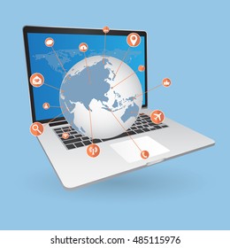 World Map Globe cloud computing concept with Web icons, Business icons and Technology icons for technology and business concept on tablet computer, Vector Illustration EPS 10.