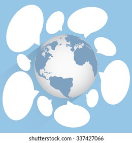 World Map Globe community with cloud speech bubbles for technology and business concept, Vector Illustration EPS 10.