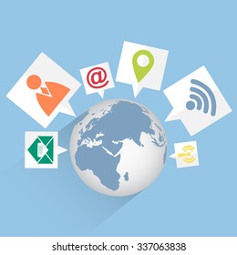 World Map Globe community with Web icons, Business icons and Technology icons for technology and business concept, Vector Illustration EPS 10.