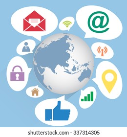 World Map Globe community with Web icons, Business icons and Technology icons for technology and business concept, Vector Illustration EPS 10.