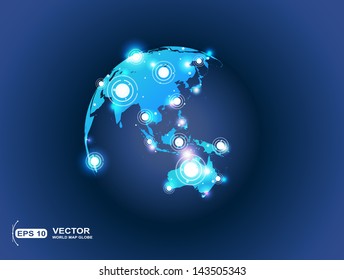 World map globe connection with spot lights effect. 5G Hotspot concept.