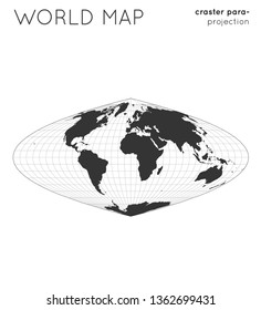 World map. Globe in craster parabolic projection, with graticule lines style. Modern vector illustration.