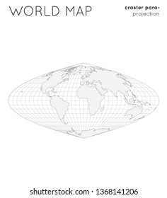 World map. Globe in craster parabolic projection, with graticule lines style. Outline vector illustration.