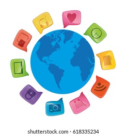 world map globe with dialogue social icons vector illustration