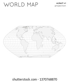 World map. Globe in eckert vi projection, with graticule lines style. Outline vector illustration.