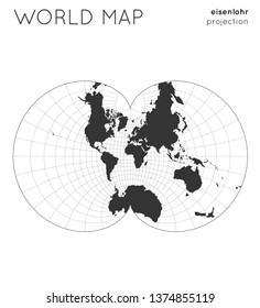 World map. Globe in Eisenlohr projection, with graticule lines style. Modern vector illustration.