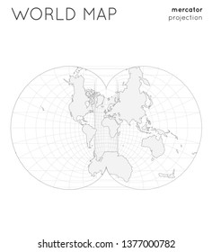 World map. Globe in Eisenlohr projection, with graticule lines style. Outline vector illustration.