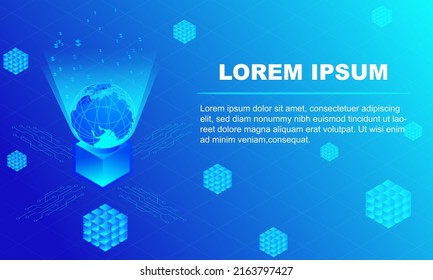 World map globe in glowing portal in futuristic background. Technology concept for banner, ads, landing page, flyer template. Empty writing area, copy space, backdrop.