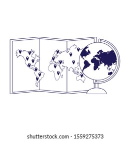 world map and globe icon over white background, vector illustration