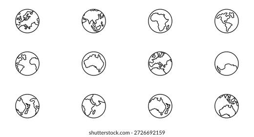 World Map Globe Icons Set - Continentes da Terra, Geografia Global e Símbolos de Linha Internacional