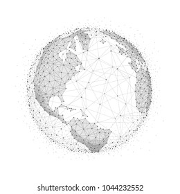 World Map Globe Illustration In Blockchain Technology Network Style. Block Chain Polygon Peer To Peer Network Connected Lines Technique. Global Cryptocurrency Fintech Business Concept.